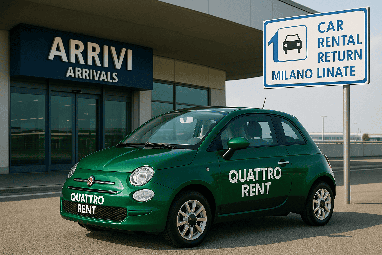 Noleggio auto Milano Linate Fiat 500 verde Quattro Rent al terminal Arrivi