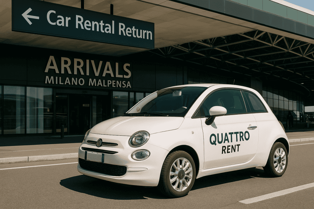 Noleggio auto Milano Malpensa Fiat 500 Quattro Rent davanti al terminal Arrivi Car Rental Return